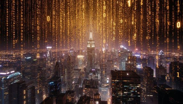 Cyber city skyline at night with glowing spired skyscraper and amber binary rain