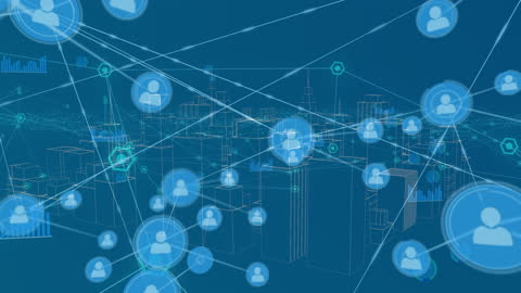 Digital Communication Icons over Futuristic Cityscape Hologram