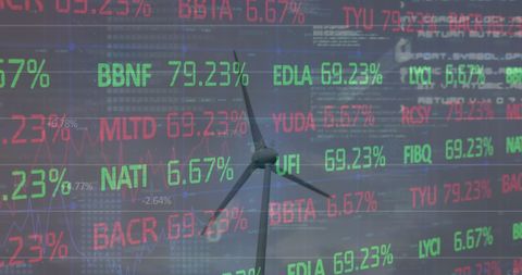 Stock Market Data Overlay with Wind Turbine in Motion
