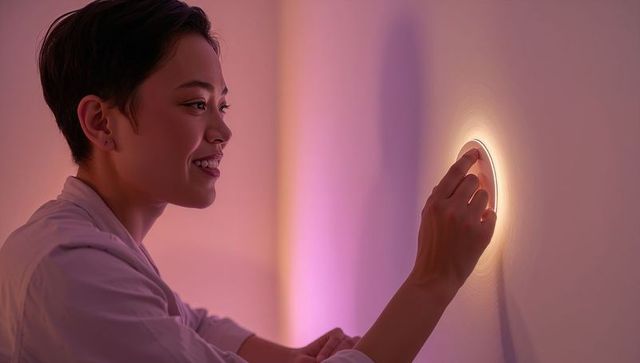 Young woman adjusting smart dimmer with warm halo and pink-purple led ambient lighting