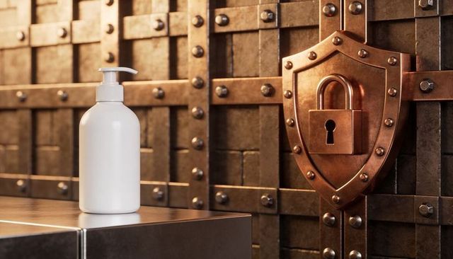White pump dispenser on metal counter beside bronze shield padlock in industrial vault