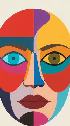 Vertical colorblock portrait focusing on split-face illustration with cyan and amber eyes