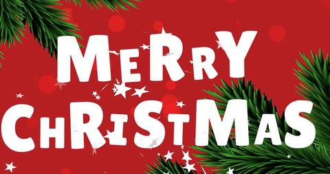 Festive Merry Christmas Text with Pine Branches and Falling Stars