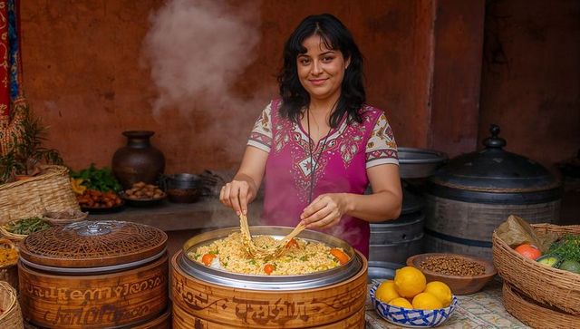 Smiling indian vendor stirring steaming biryani in carved wooden steamer at market stall