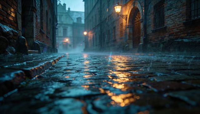 Rain-soaked cobblestone alley reflecting warm lamp light and amber blue night glow