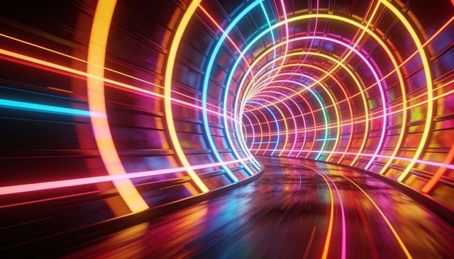 Neon light tunnel curving right with reflective wet track and futuristic led rings