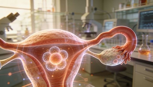 3d translucent uterus with glowing embryo and ovaries, fertility research hologram visual