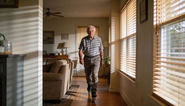 Senior man rollerblading down sunlit living room hallway creating warm shadow patterns