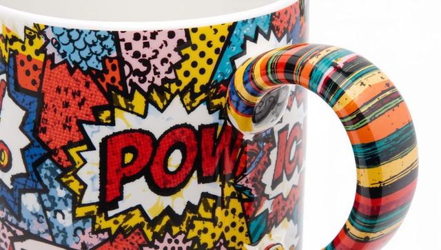 Colorful Pop Art Ceramic Mug with POW Comic Halftone Design and Striped Handle