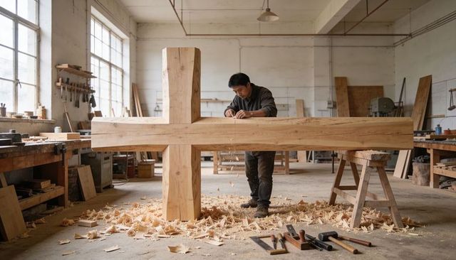 Carpenter hand-planing massive timber cross beam in bright workshop with wood shavings