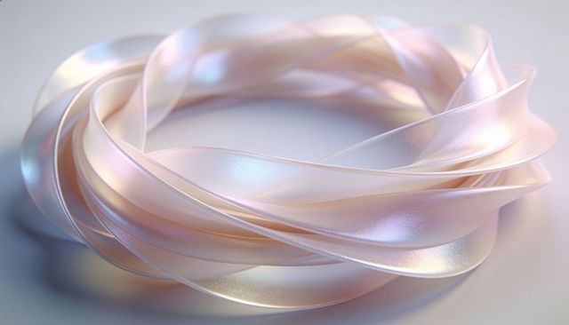 Iridescent twisted ribbon torus with pearlescent pastel highlights and translucent finish