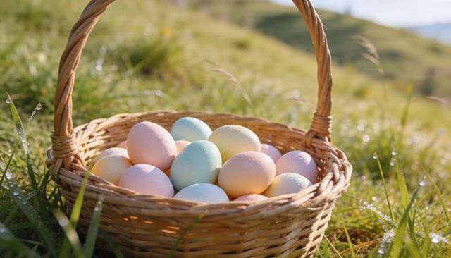 Wicker basket holding pastel easter eggs on dewy hill at sunrise