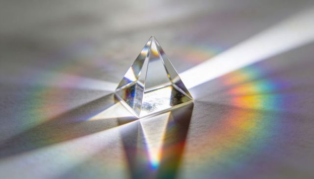 Glass pyramid prism refracting sunlight into radiant rainbow spectrum with geometric reflections