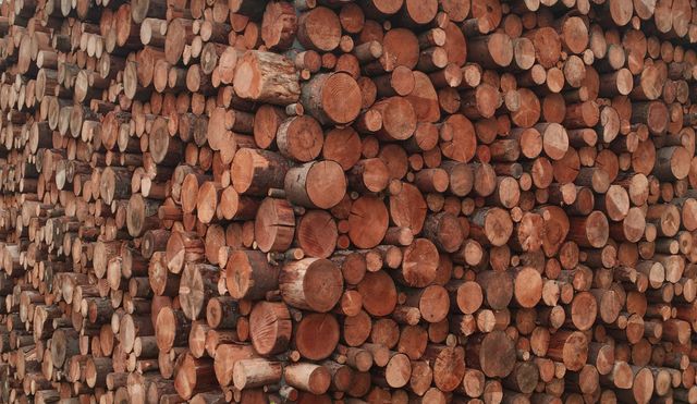 Stack of cut firewood logs uniformly arranged showcasing natural wood texture. Useful for themes related to sustainable energy, forestry, rural lifestyle, and woodcutting industries.