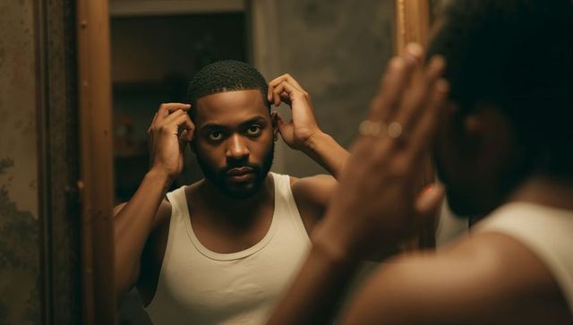 Man adjusting hairline in wooden bathroom mirror wearing white tank top warm intimate