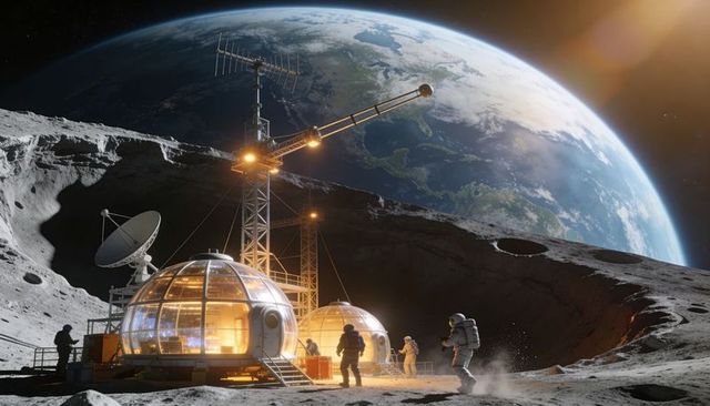 Lunar Domed Habitat Casting Warm Light at Crater Rim with Astronaut Crew and Earthrise