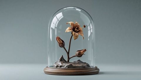 Dried flower under glass bell dome wooden base display
