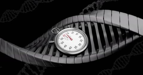 Stopwatch overlaying dna strand in futuristic concept