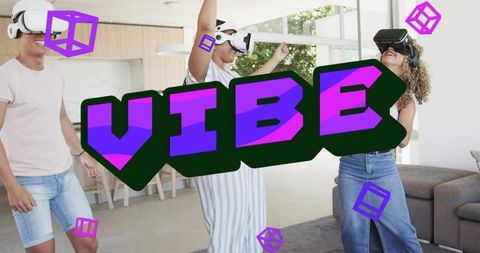 Friends wearing vr headsets dancing in living room with bold vibe graphic overlay