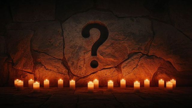 Illuminated stone wall with question mark carving and candles