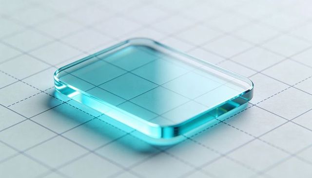 Translucent cyan glass rounded-square tile on grid paper with soft reflection