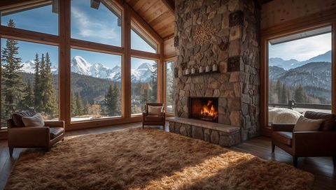 Warming Stone Fireplace in Mountain Lodge with Panoramic Snowy Peak Views