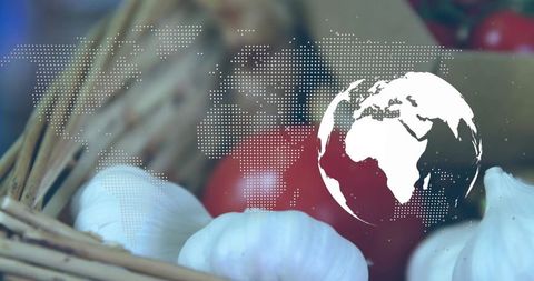 Showing garlic and tomatoes in wicker basket with globe and dotted world map overlay