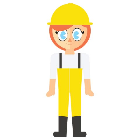 Cartoon girl in work clothes with helmet on transparent background