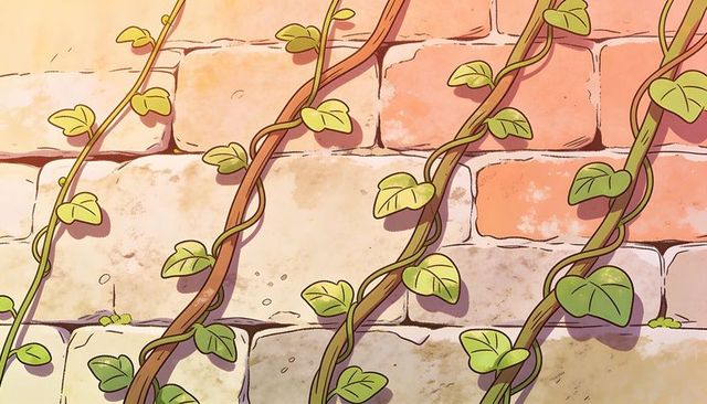 Sunlit twining vines climbing rustic brick and stone wall with heart-shaped leaves and moss