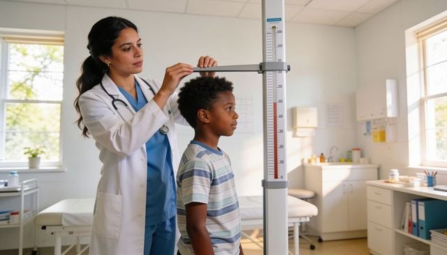 Female clinician measuring child height with stadiometer in bright pediatric clinic visit