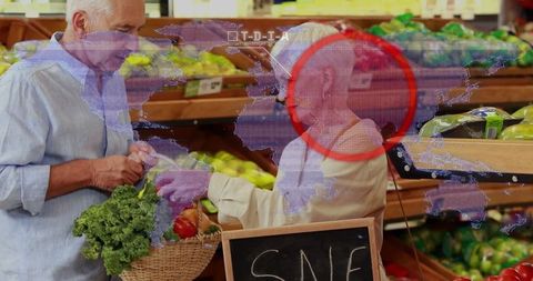 Seniors selecting fresh produce in grocery aisle global perspective