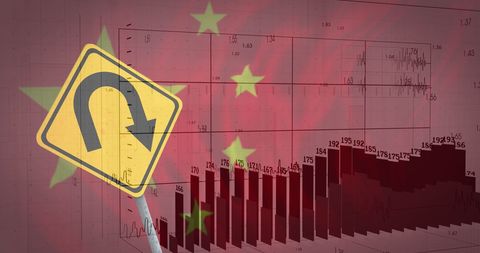 Financial Data and U-Turn Sign with China Flag Backdrop