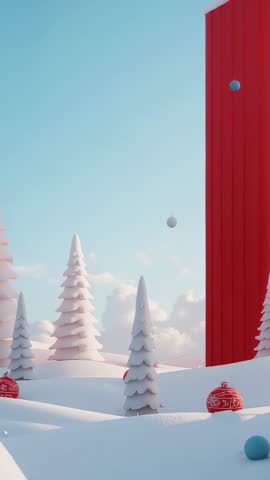 Vertical holiday video featuring minimalist snowy glade, white pines and falling ornaments