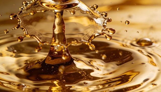Golden droplet colliding, forming crown and column over glossy liquid surface