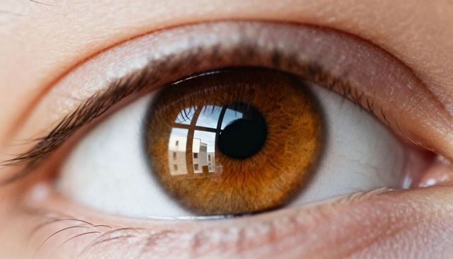 Amber iris reflecting window and urban buildings, macro eye detail capturing gaze