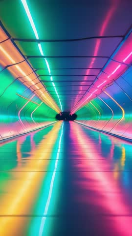 Gliding through neon light tunnel with reflective floor and immersive LED color streaks