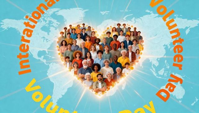 International volunteer day celebrating heart-shaped collage of diverse global volunteers