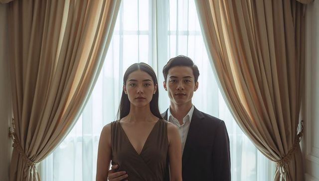 Elegant couple posing before backlit window with luxury drapery and formalwear