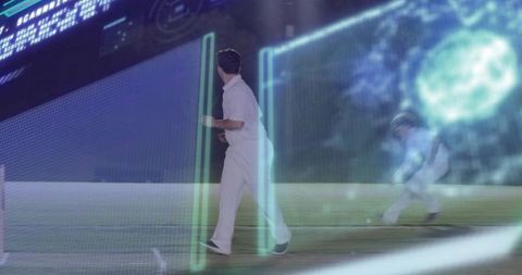 Male cricketer walking and turning near crease at night with holographic data overlays