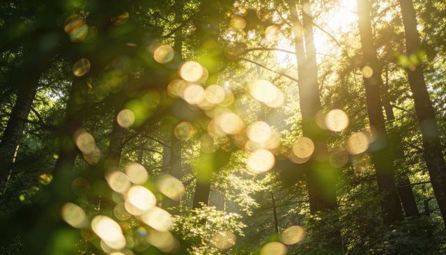 Golden Sunbeams Through Forest Canopy with Glittering Bokeh and Warm Woodland Glow