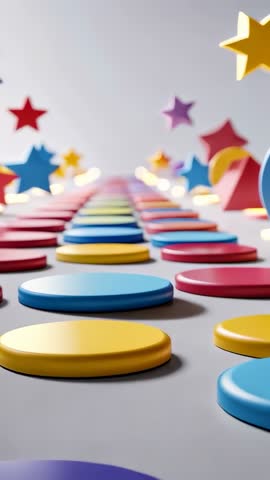 Camera moving forward revealing colorful disks and floating stars in futuristic vertical motion