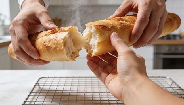 Hands tearing fresh steaming baguette on marble counter with cooling rack and oven