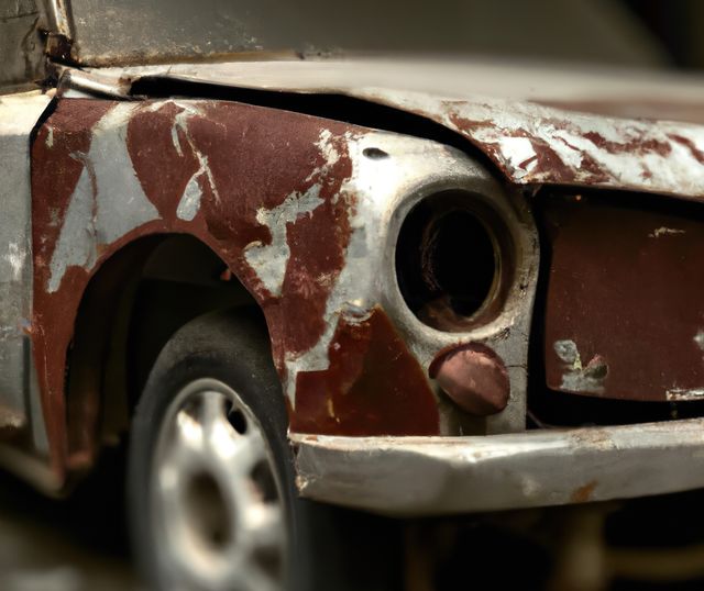 Close-up of rusty and damaged abandoned car depicting urban decay and abandonment. Suitable for use in articles or projects about urban decay, neglected vehicles, vintage or classic cars in disrepair, automotive history, or metal deterioration. Ideal for illustrating toughest conditions, time’s impact on objects, neglect, and the inevitability of decay.