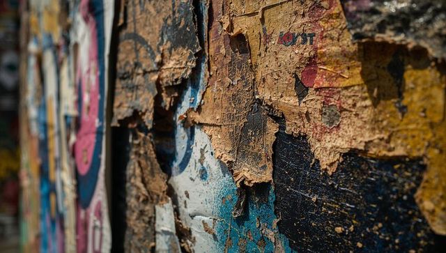Peeling layered posters revealing weathered urban graphics with flaking texture and adhesive