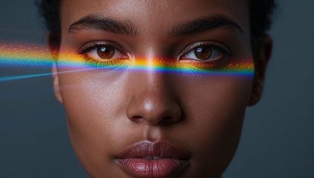 Close-up portrait showcasing spectral rainbow band across eyes, beauty makeup prism light