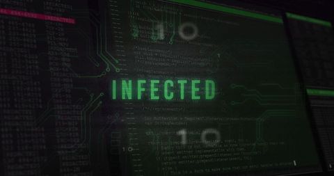 Digital screen displaying infected alert with green code background