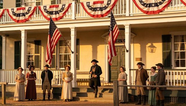 Colonial reenactors displaying american flags on historic porch at golden hour