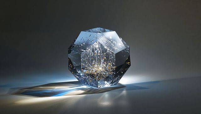 Faceted crystal polyhedron with gold flecks and blue caustics on reflective studio surface