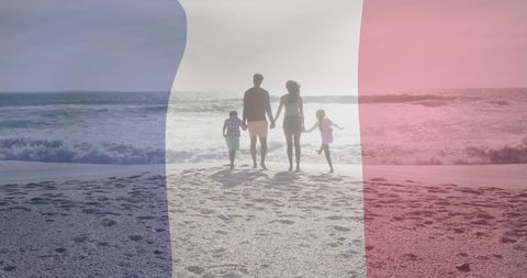 Family of Four Walking on French Beach with Flag Overlay