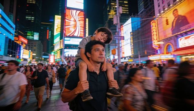 Man carrying child on shoulders navigating neon-lit commercial district crosswalk at night